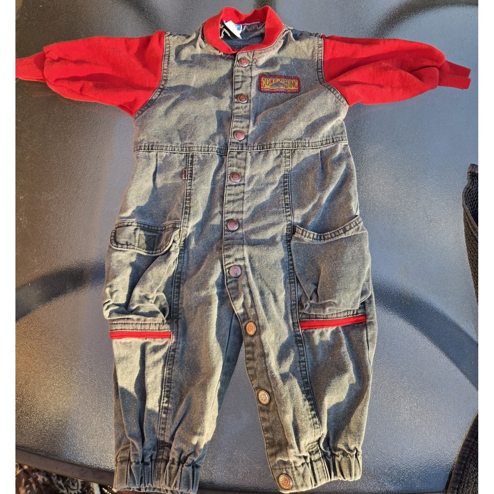 VTG Little Levi's Gone Fishing Denim And Sweatshirt Jumpsuit 24 months Red Gray